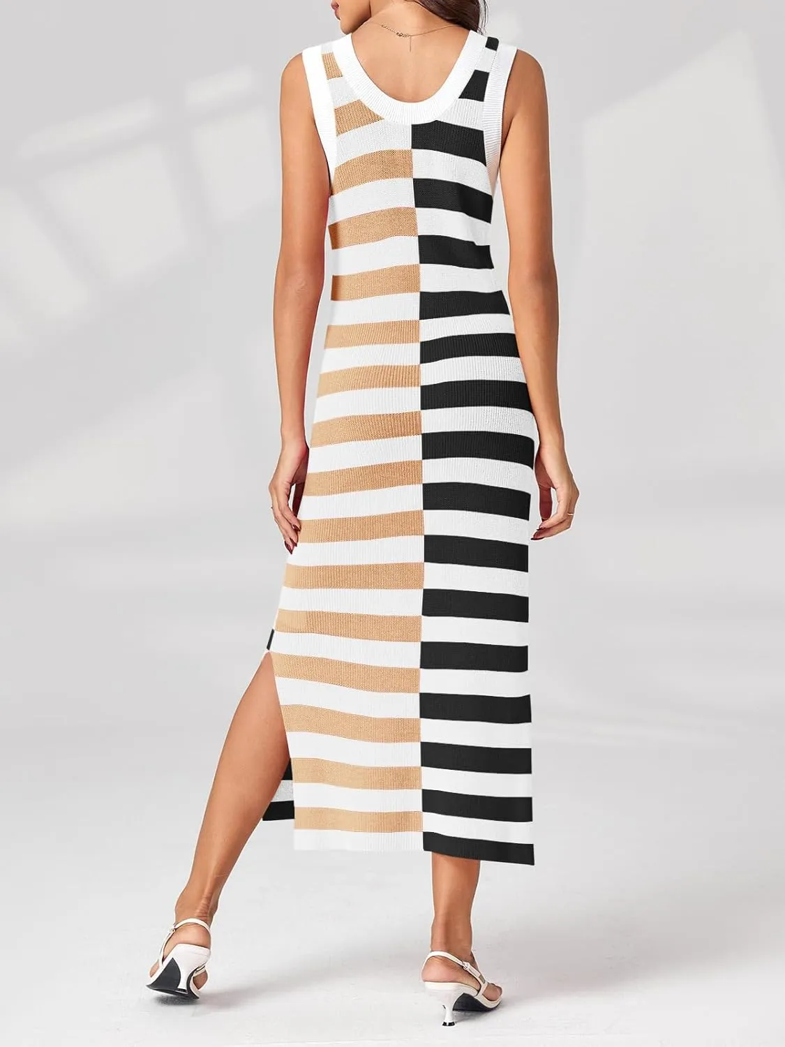 Wenrine Womens Summer Striped Dress Sleeveless Knitted Contrast Color Side Slit Casual Maxi Beach Dress