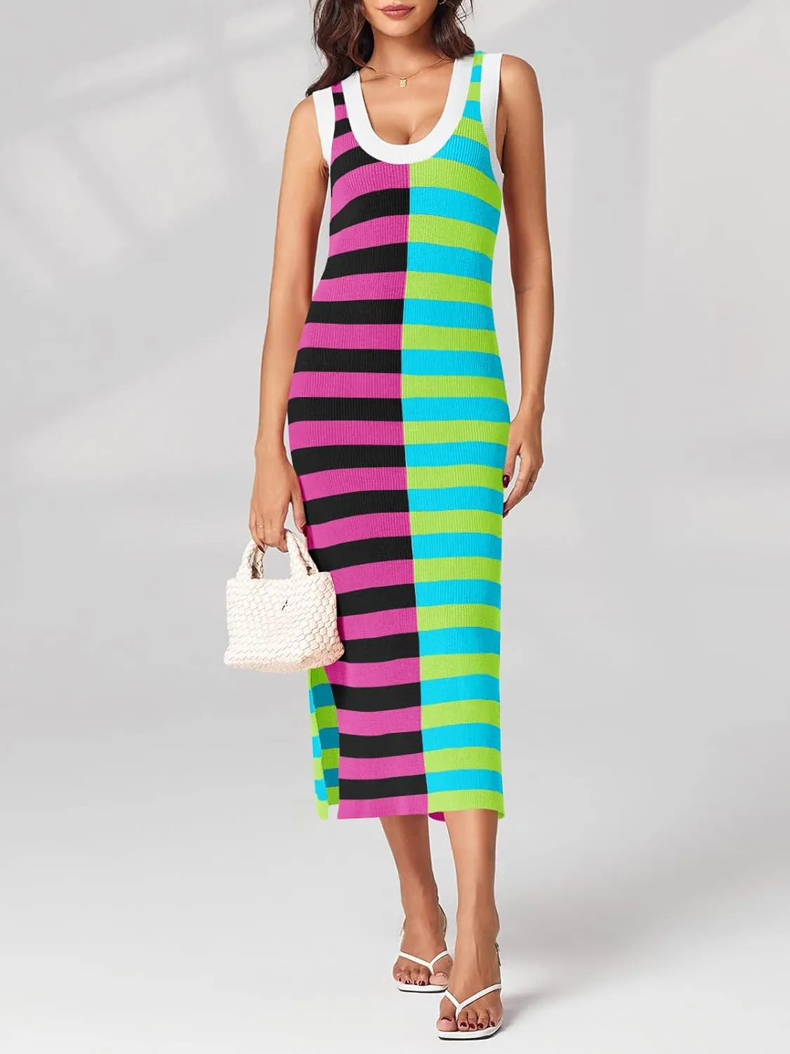Wenrine Womens Summer Striped Dress Sleeveless Knitted Contrast Color Side Slit Casual Maxi Beach Dress