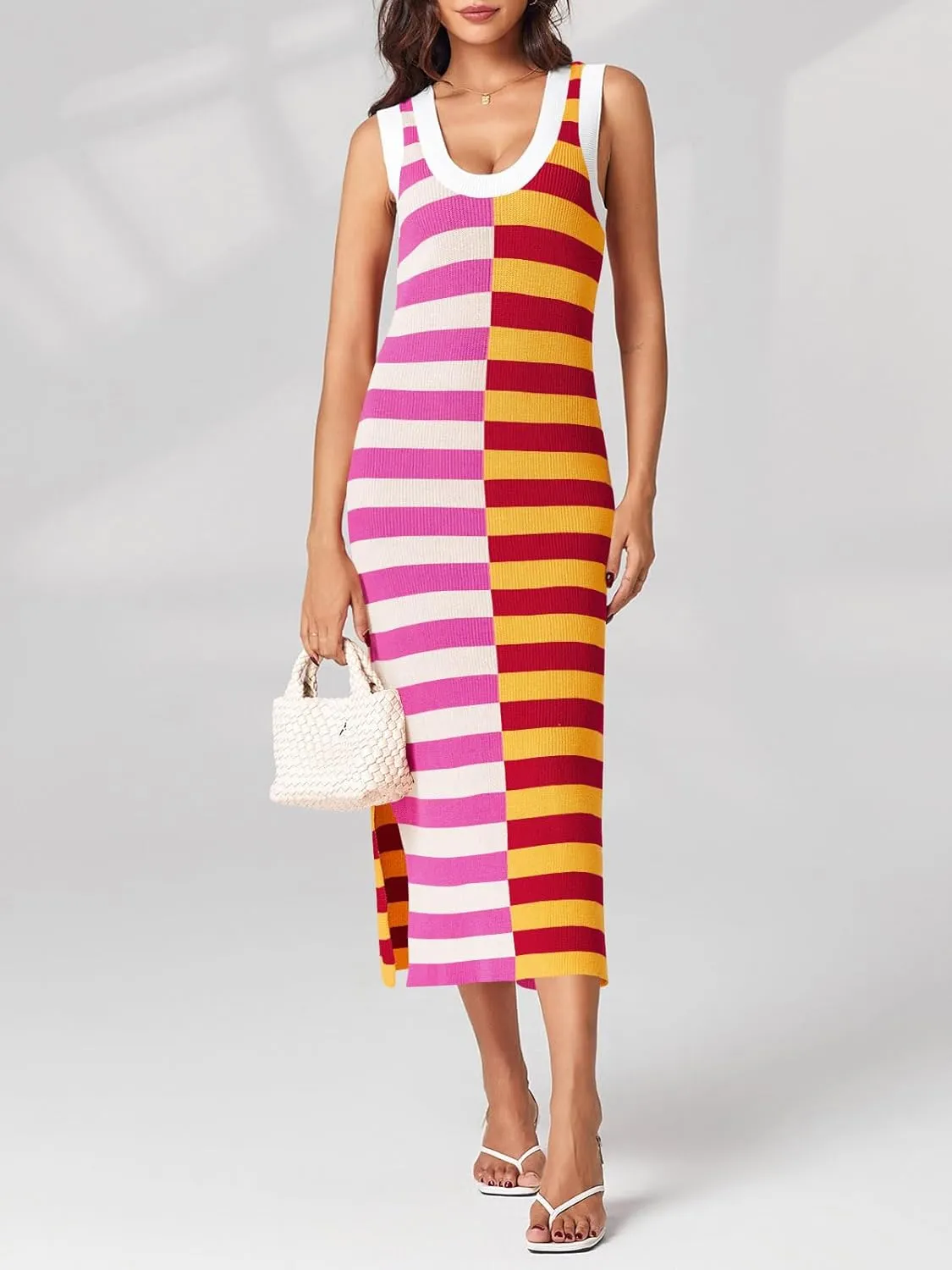 Wenrine Womens Summer Striped Dress Sleeveless Knitted Contrast Color Side Slit Casual Maxi Beach Dress