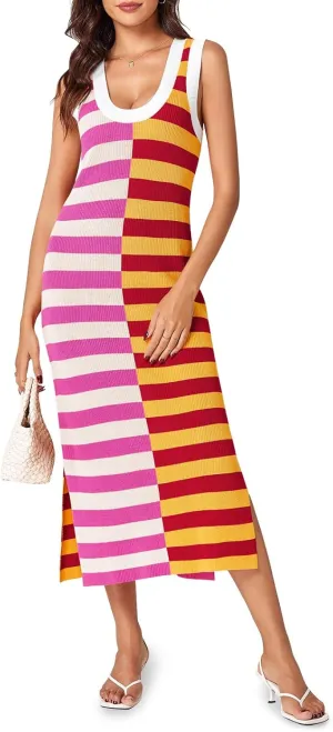 Wenrine Womens Summer Striped Dress Sleeveless Knitted Contrast Color Side Slit Casual Maxi Beach Dress