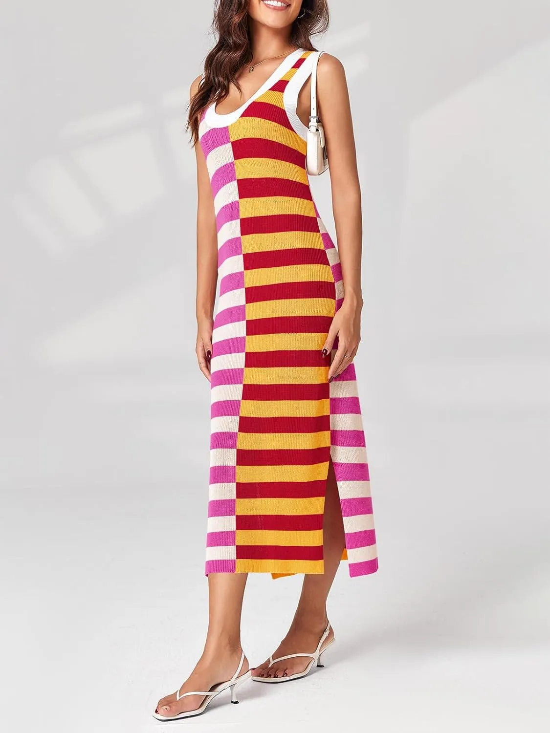Wenrine Womens Summer Striped Dress Sleeveless Knitted Contrast Color Side Slit Casual Maxi Beach Dress