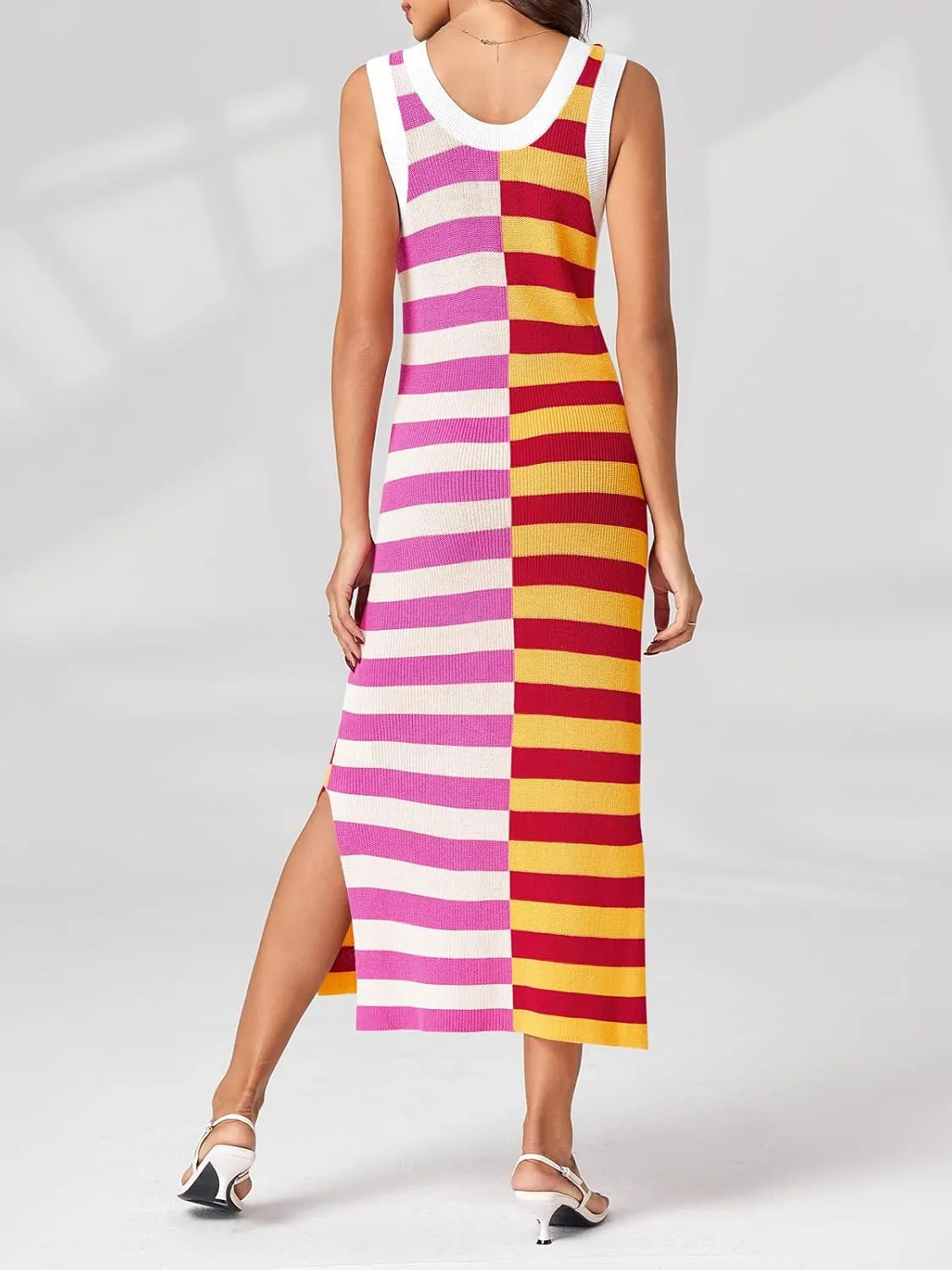 Wenrine Womens Summer Striped Dress Sleeveless Knitted Contrast Color Side Slit Casual Maxi Beach Dress