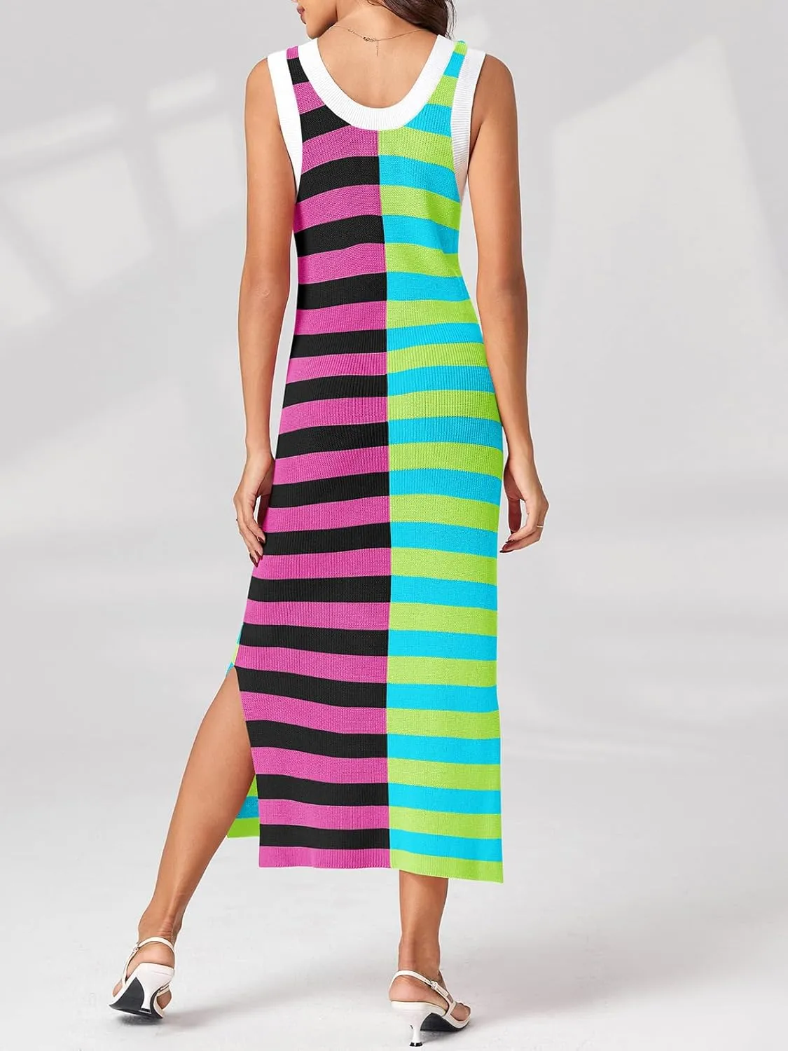 Wenrine Womens Summer Striped Dress Sleeveless Knitted Contrast Color Side Slit Casual Maxi Beach Dress