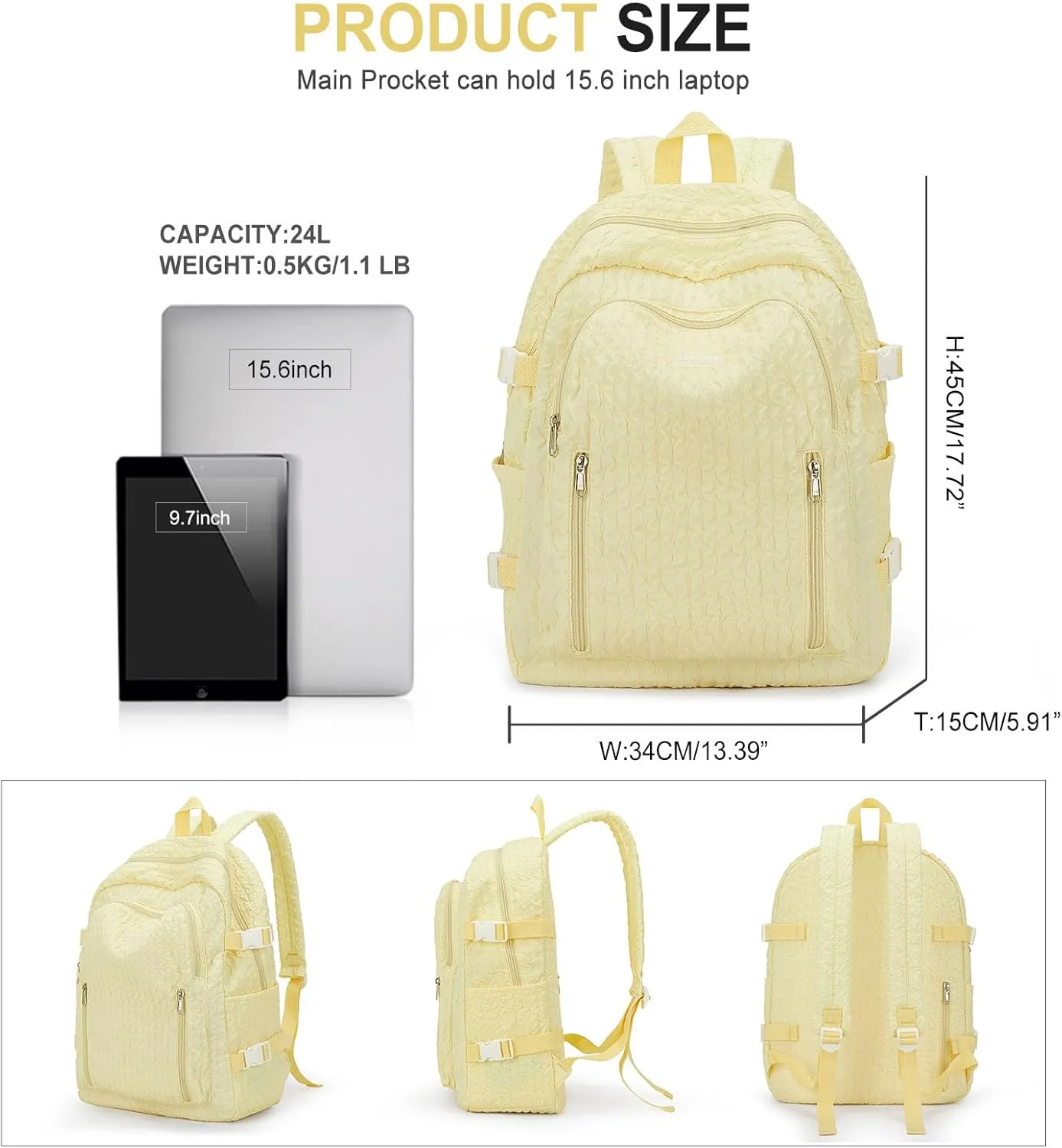 weradar Lightweight Middle School Bag For Teens Girls,Kawaii Backpack For College Students,Aesthetic Bookbag,Cute School Backpack For Women Casual Daypack(Yellow)