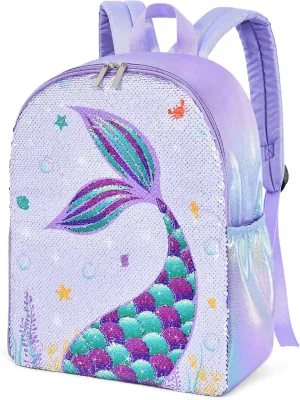 WERNNSAI Sparkly Girls Mermaid Kids Backpack - Sequins School Backpack for Kids Girls Preschool Kindergarten Elementary 15” Lightweight Travel Casual Book Bag Schoolbag