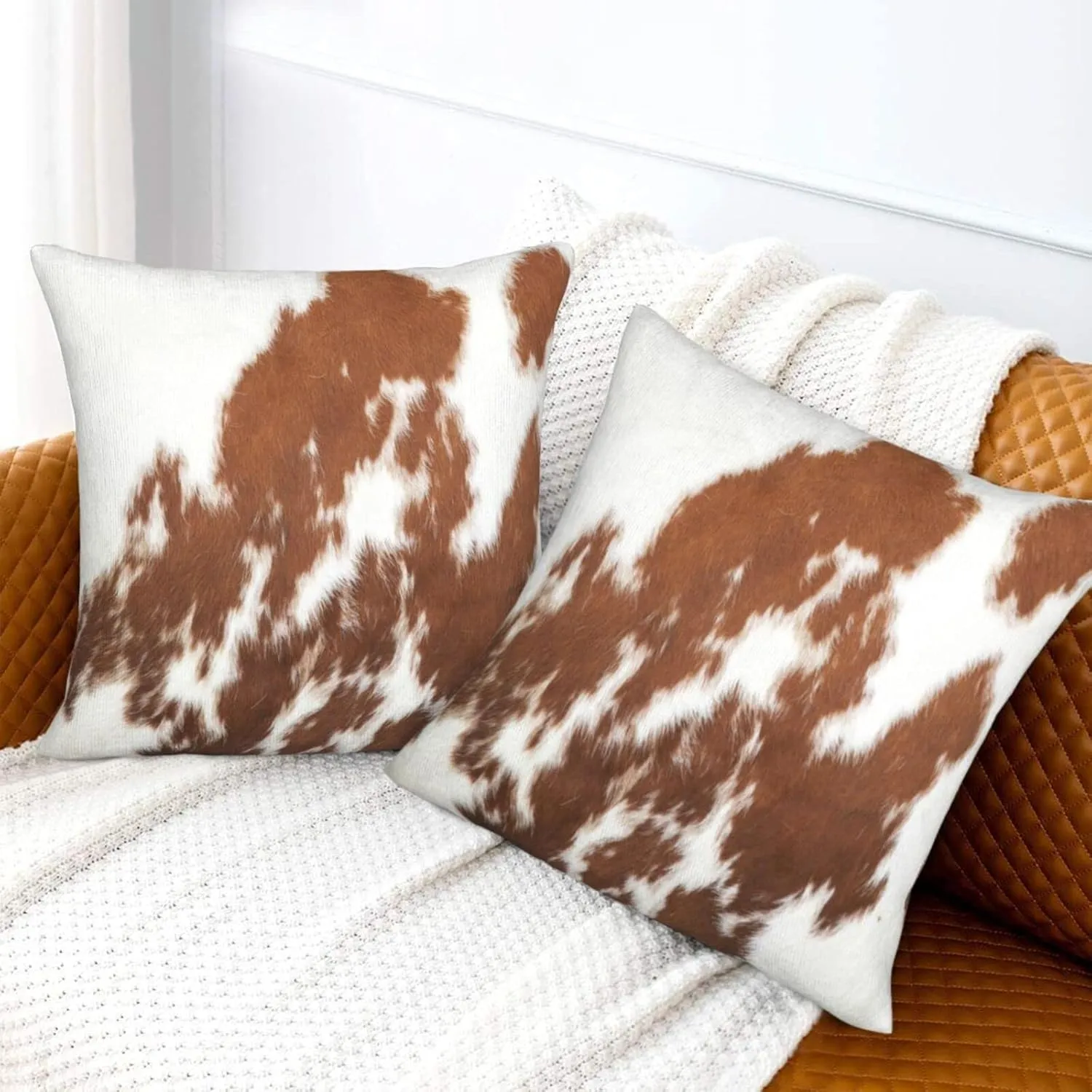 Western Cow Print Throw Pillows Cover Set Of 2 Brown Red White Faux Fur Cowhide Decorative Pillow Covers 18"x18" Farmhouse Animal Print Pillowcase Square Cushion Cover for Home Couch Bed Room Decor