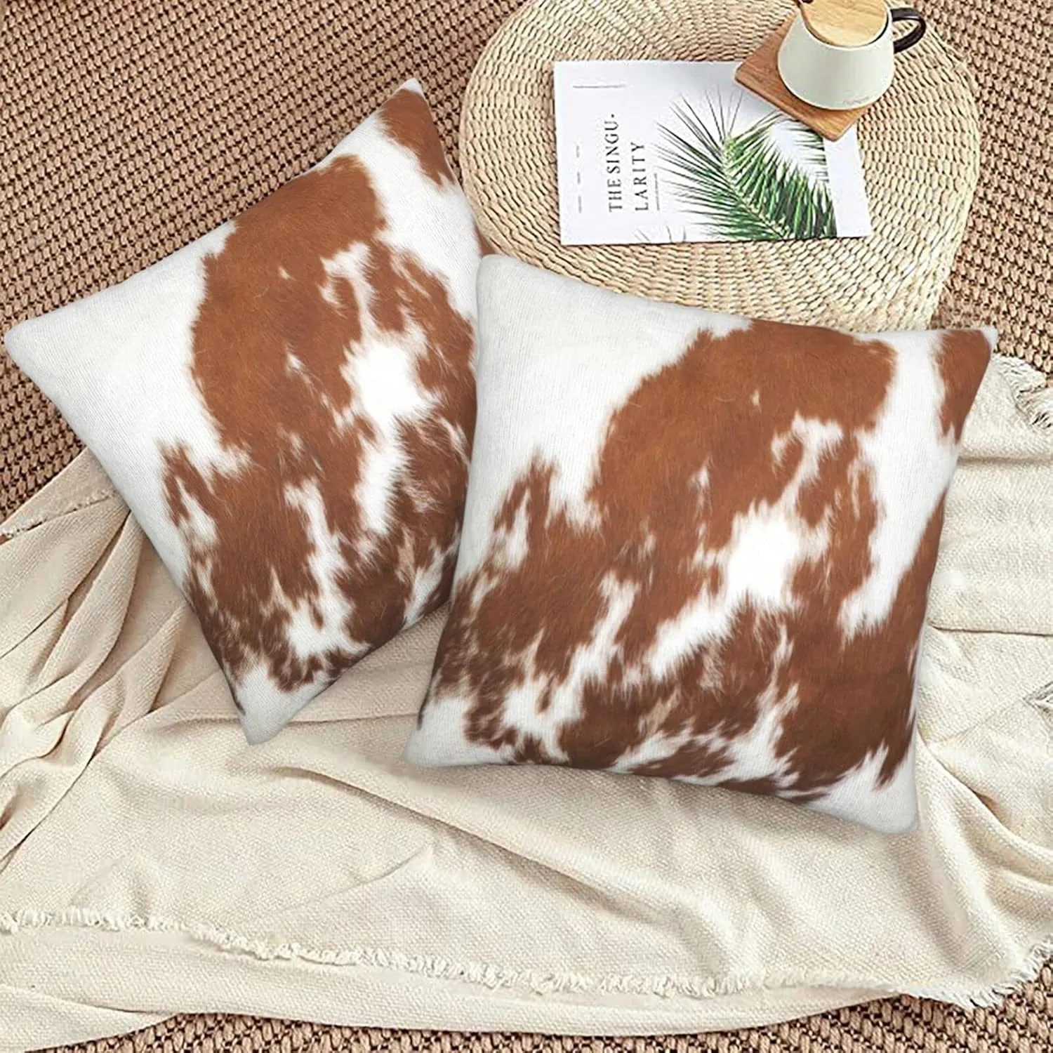 Western Cow Print Throw Pillows Cover Set Of 2 Brown Red White Faux Fur Cowhide Decorative Pillow Covers 18"x18" Farmhouse Animal Print Pillowcase Square Cushion Cover for Home Couch Bed Room Decor