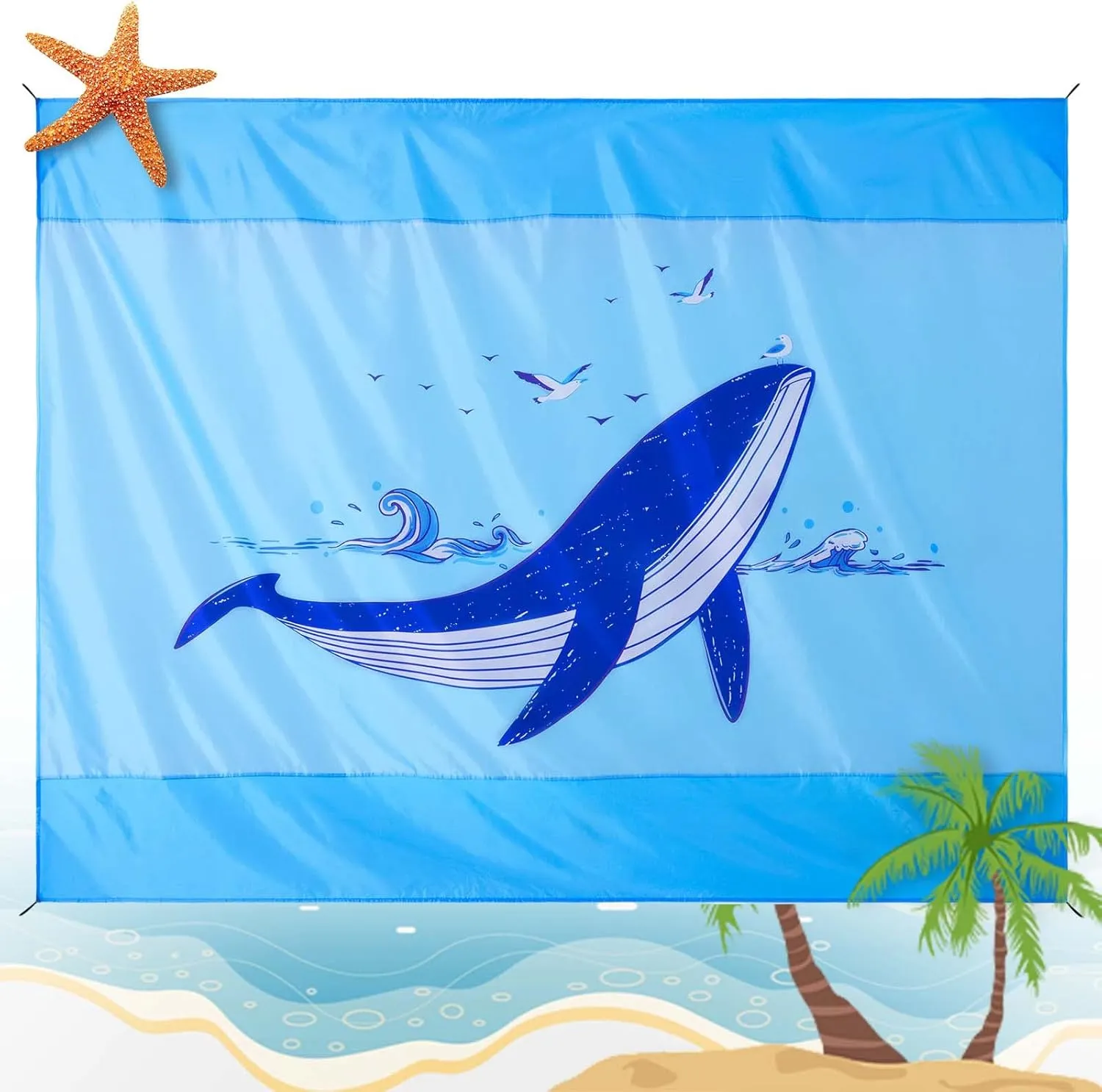 Whale Kids Beach Mat Water Resistant Sandproof Beach Blanket 83"x79" Lightweight Portable Polyester Picnic Blankets with 4 Corner Pockets