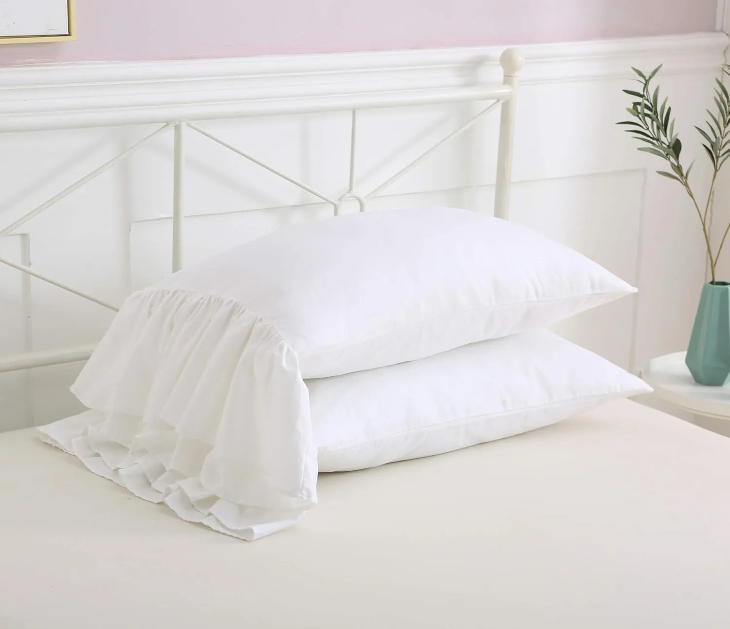 White Bed Pillow Covers Shams Cases with Long Ruffles Standard Size Cotton Shabby Chic Pillowcases 20"X26" 2pcs Soft