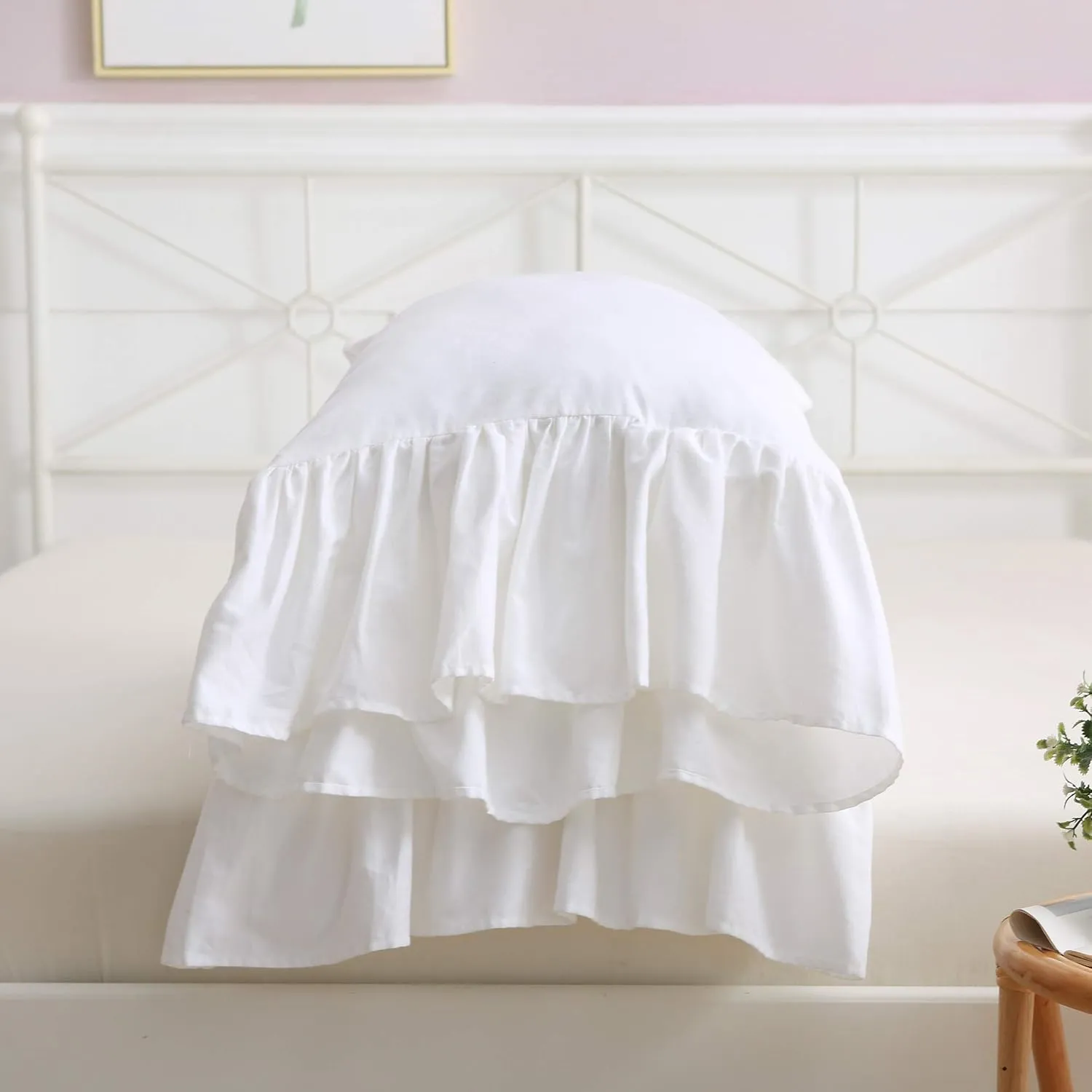 White Bed Pillow Covers Shams Cases with Long Ruffles Standard Size Cotton Shabby Chic Pillowcases 20"X26" 2pcs Soft