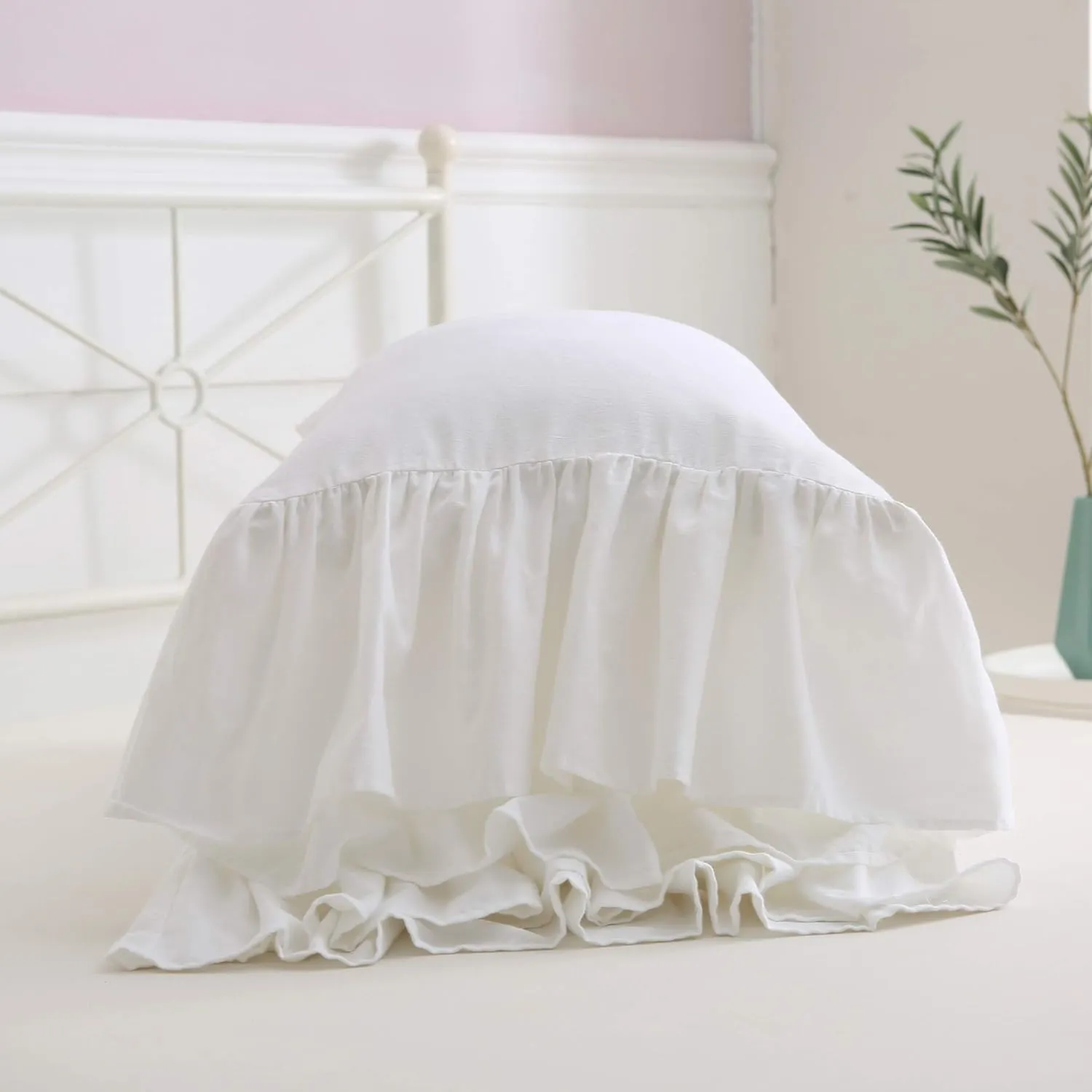 White Bed Pillow Covers Shams Cases with Long Ruffles Standard Size Cotton Shabby Chic Pillowcases 20"X26" 2pcs Soft