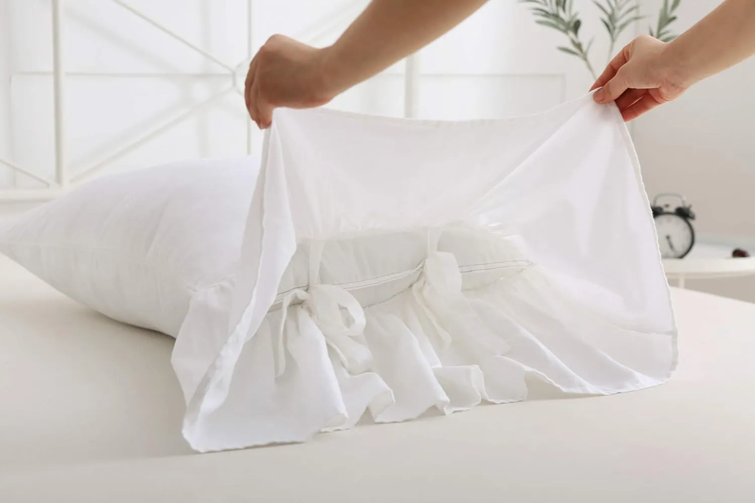White Bed Pillow Covers Shams Cases with Long Ruffles Standard Size Cotton Shabby Chic Pillowcases 20"X26" 2pcs Soft