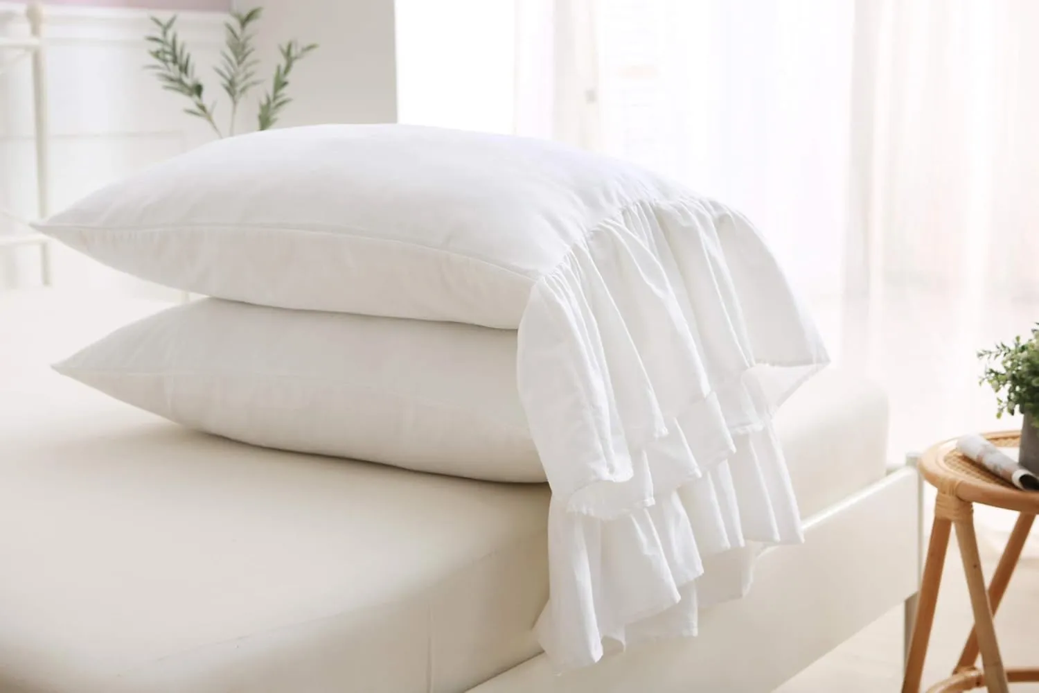 White Bed Pillow Covers Shams Cases with Long Ruffles Standard Size Cotton Shabby Chic Pillowcases 20"X26" 2pcs Soft