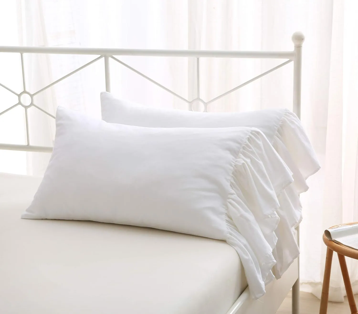 White Bed Pillow Covers Shams Cases with Long Ruffles Standard Size Cotton Shabby Chic Pillowcases 20"X26" 2pcs Soft