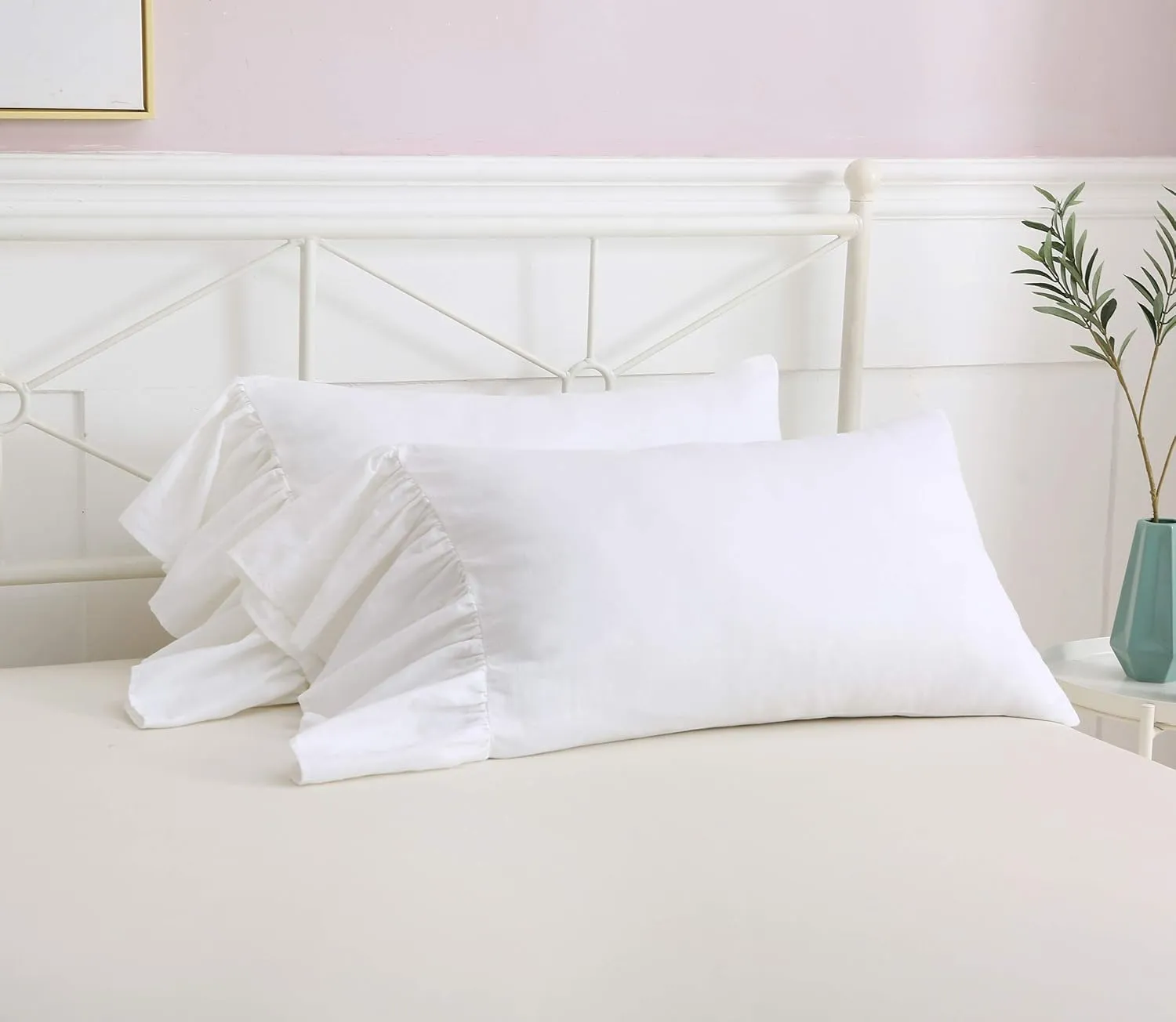 White Bed Pillow Covers Shams Cases with Long Ruffles Standard Size Cotton Shabby Chic Pillowcases 20"X26" 2pcs Soft