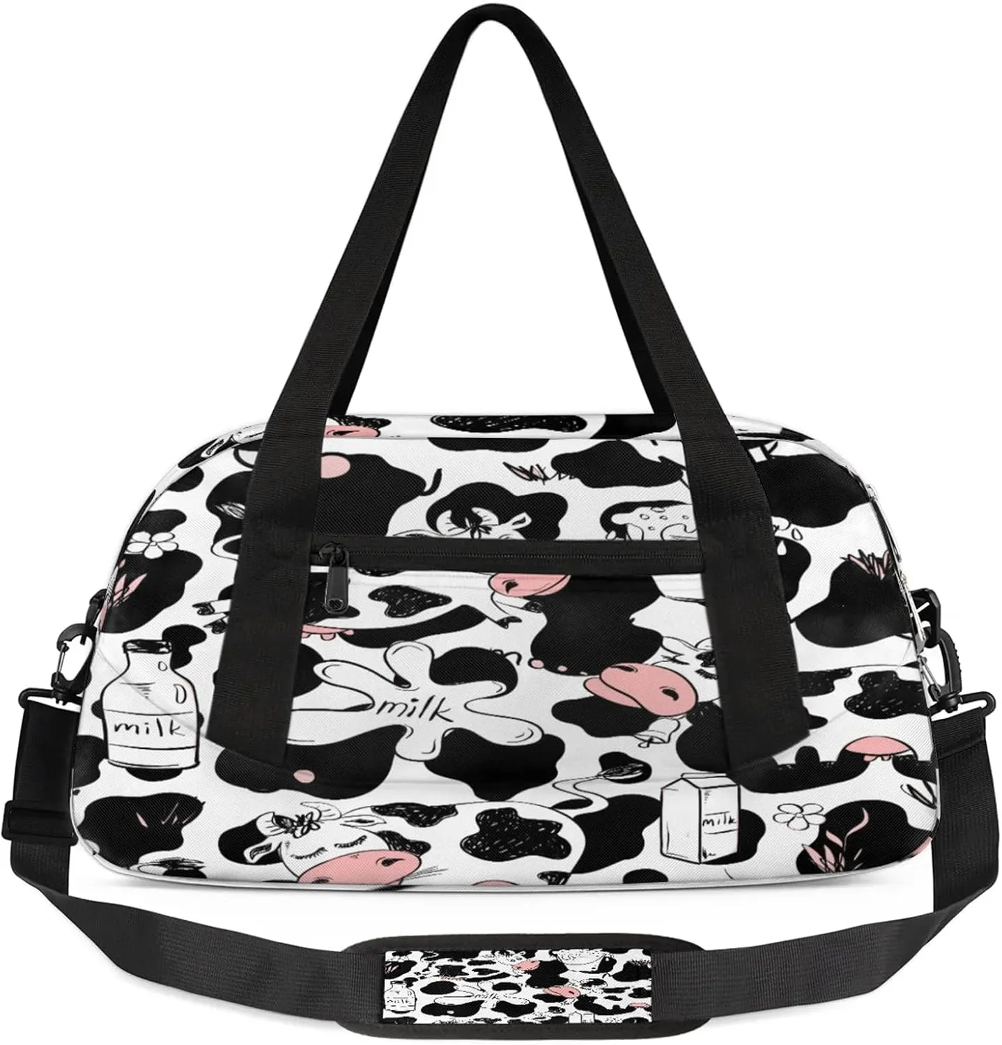 White Black Cute Cow Pattern Kids Duffel Bag Lightweight Waterproof Sports Gym Bag with Front Zipper Pocket Foldable Weekender Overnight Bag for School Practice Gymnastic Ballet