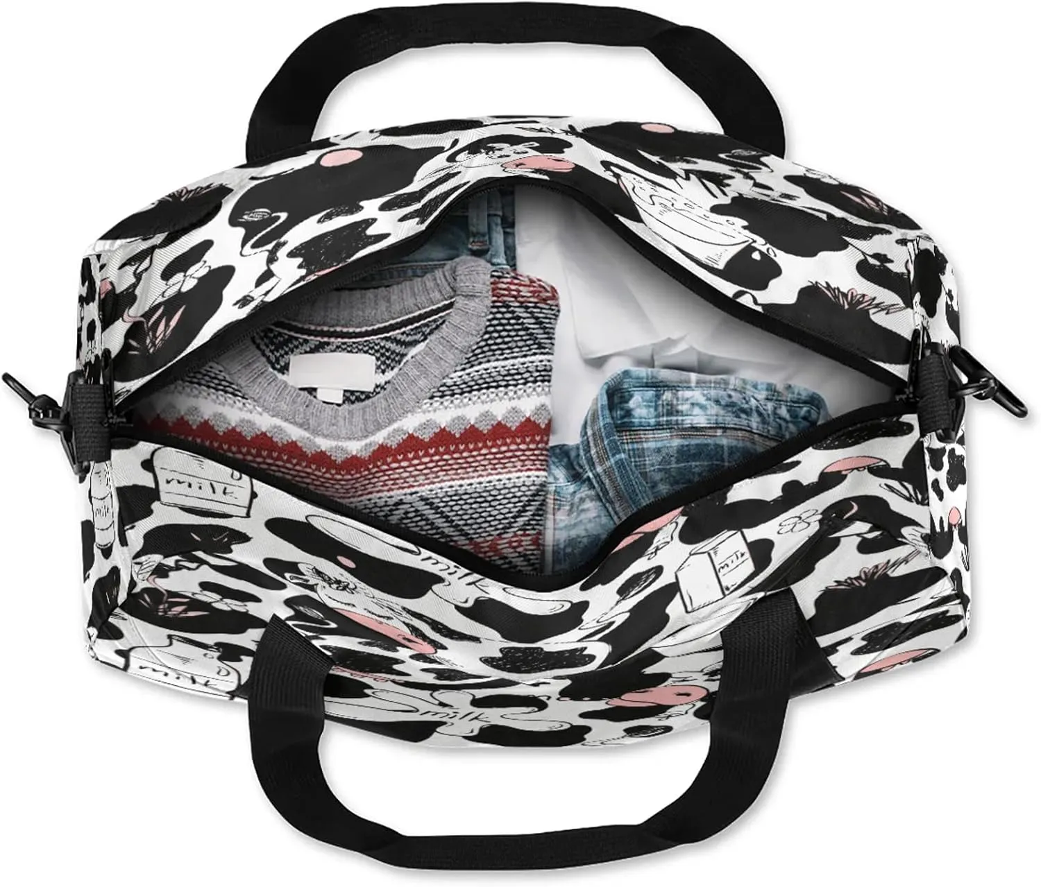 White Black Cute Cow Pattern Kids Duffel Bag Lightweight Waterproof Sports Gym Bag with Front Zipper Pocket Foldable Weekender Overnight Bag for School Practice Gymnastic Ballet
