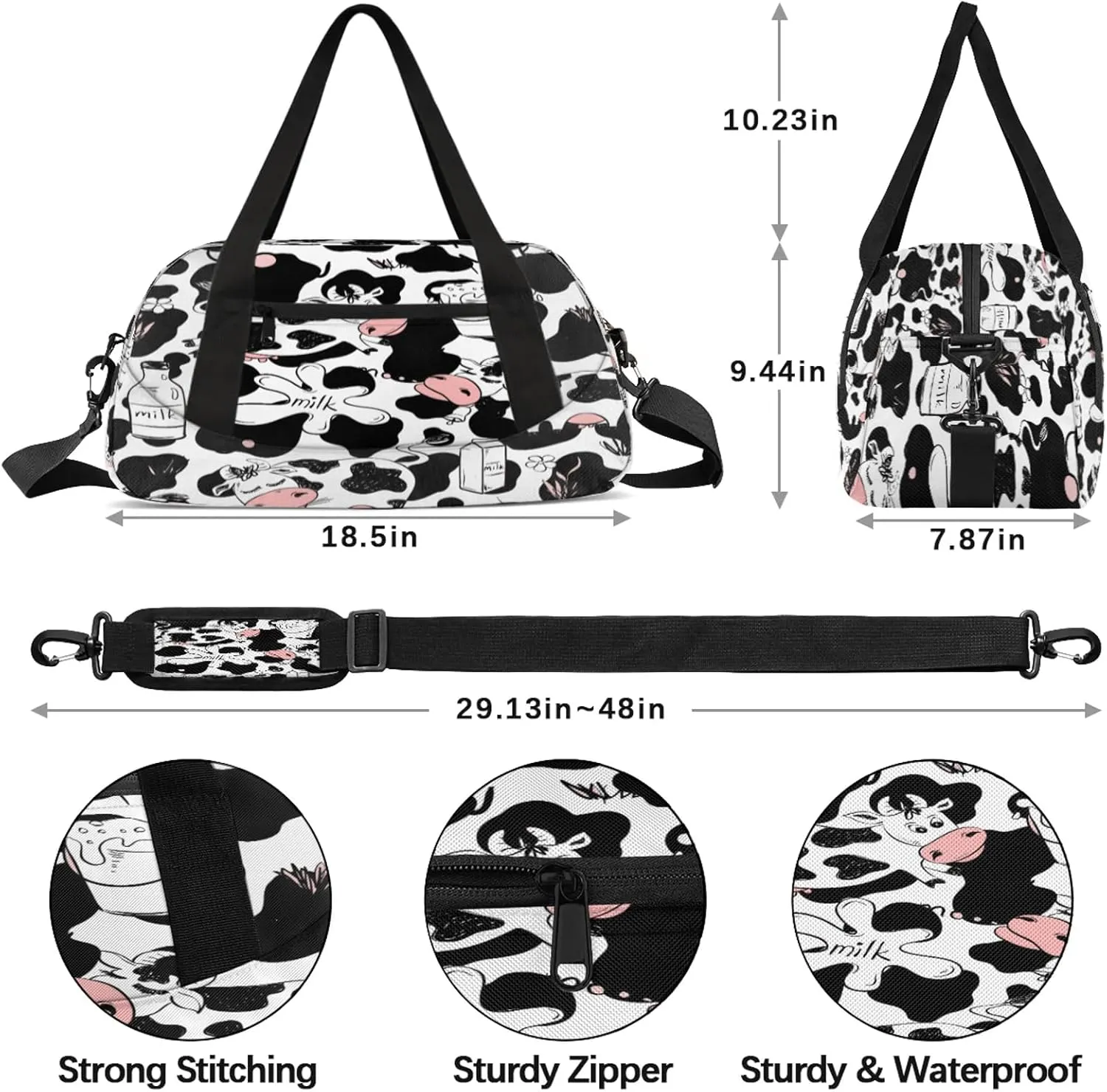 White Black Cute Cow Pattern Kids Duffel Bag Lightweight Waterproof Sports Gym Bag with Front Zipper Pocket Foldable Weekender Overnight Bag for School Practice Gymnastic Ballet
