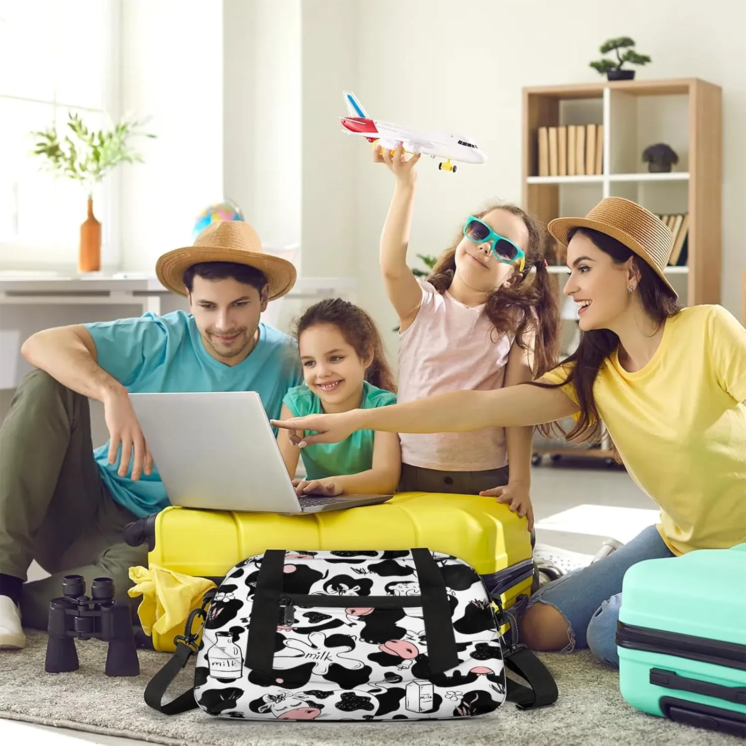 White Black Cute Cow Pattern Kids Duffel Bag Lightweight Waterproof Sports Gym Bag with Front Zipper Pocket Foldable Weekender Overnight Bag for School Practice Gymnastic Ballet