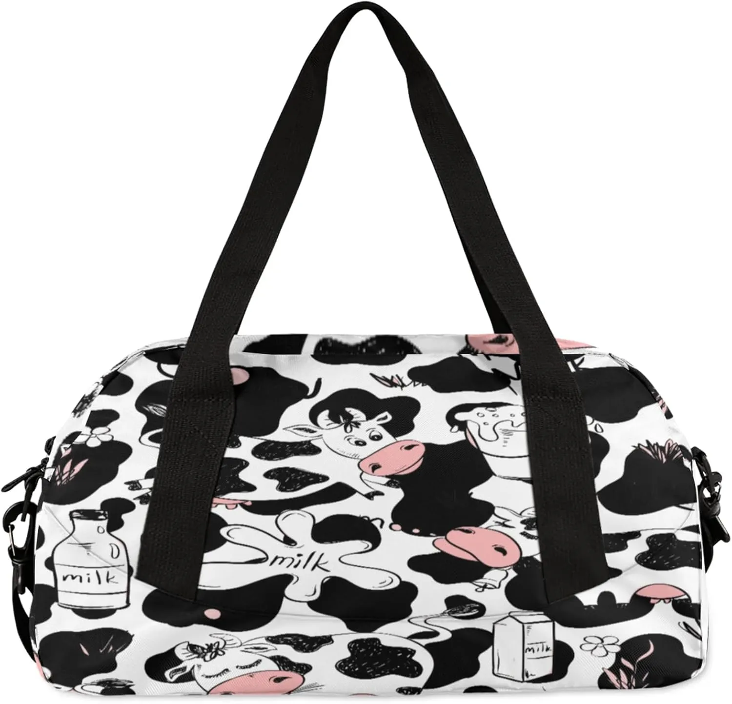 White Black Cute Cow Pattern Kids Duffel Bag Lightweight Waterproof Sports Gym Bag with Front Zipper Pocket Foldable Weekender Overnight Bag for School Practice Gymnastic Ballet