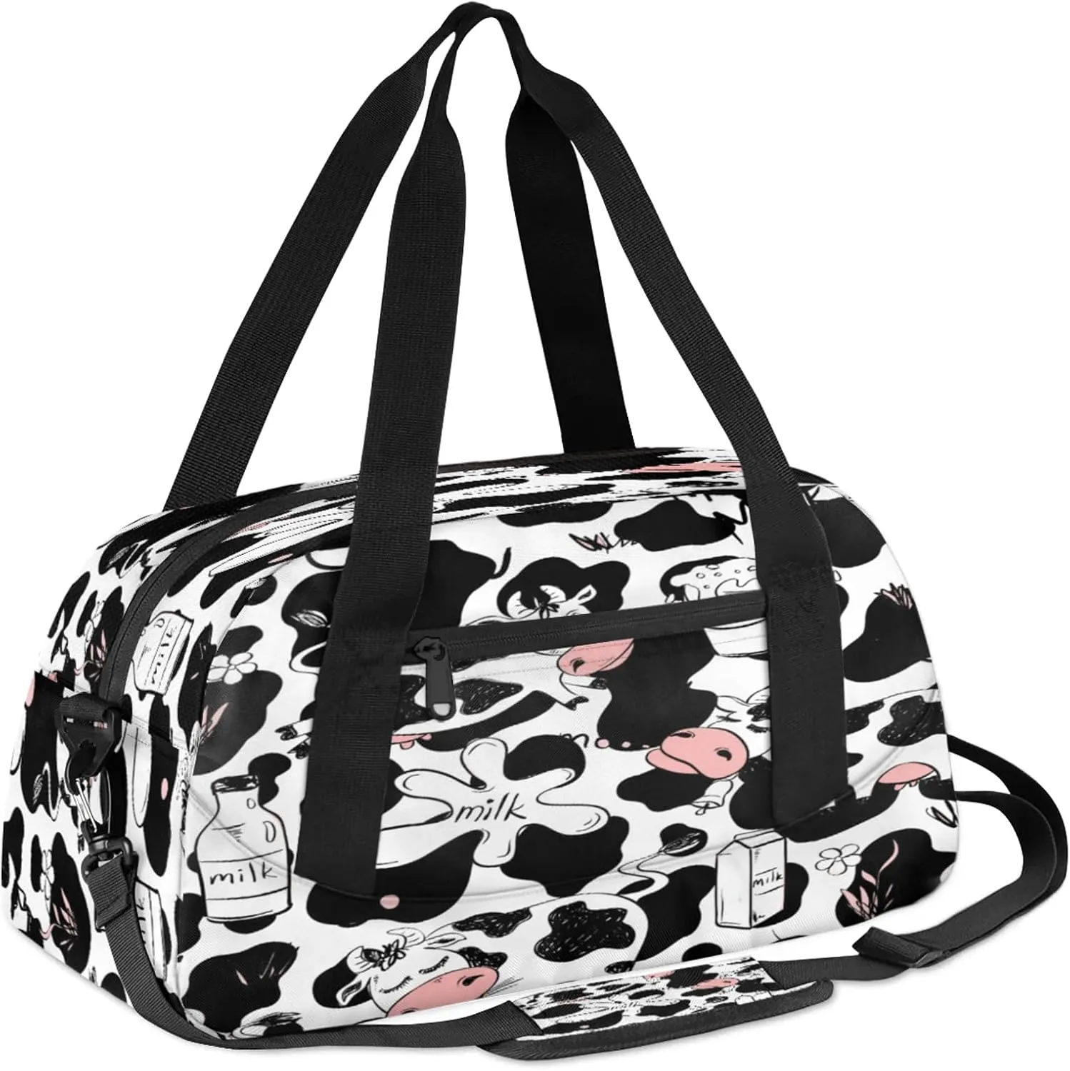 White Black Cute Cow Pattern Kids Duffel Bag Lightweight Waterproof Sports Gym Bag with Front Zipper Pocket Foldable Weekender Overnight Bag for School Practice Gymnastic Ballet