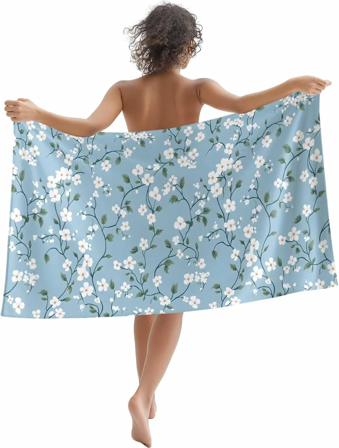 White Blue Spring Floral Microfiber Sandproof Beach Towel for Pool Swimming, Farmhouse Flowers Summer Botanical Quick Dry Absorbent Soft Towels for Bath Camping Travel, Lightweight Breathable 30"x60"