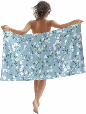 White Blue Spring Floral Microfiber Sandproof Beach Towel for Pool Swimming, Farmhouse Flowers Summer Botanical Quick Dry Absorbent Soft Towels for Bath Camping Travel, Lightweight Breathable 30"x60"