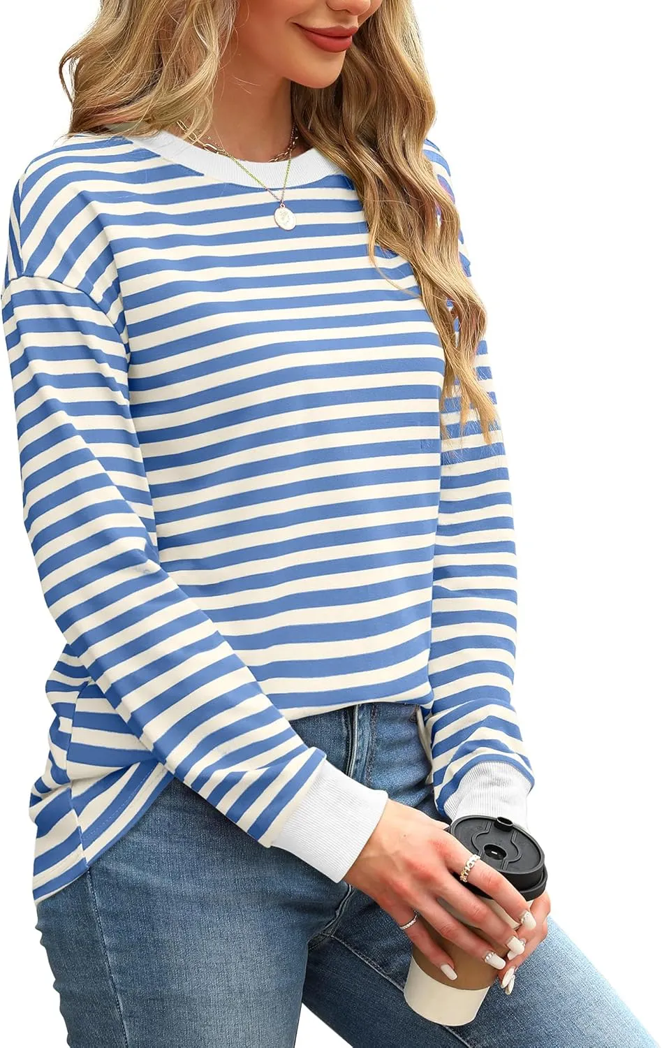 WIHOLL Womens Tunic Tops Long Sleeve Striped Shirts Crewneck Tops
