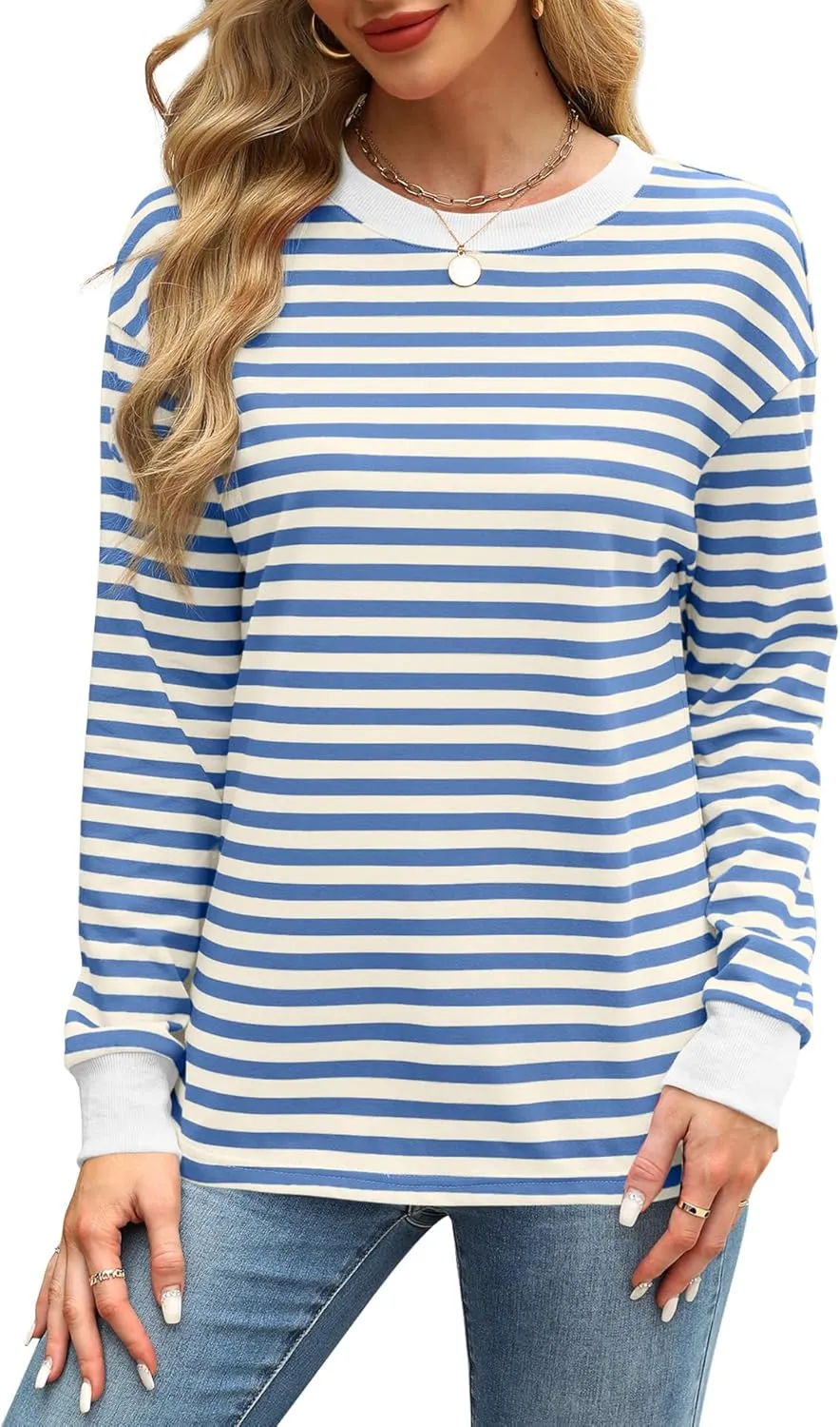WIHOLL Womens Tunic Tops Long Sleeve Striped Shirts Crewneck Tops