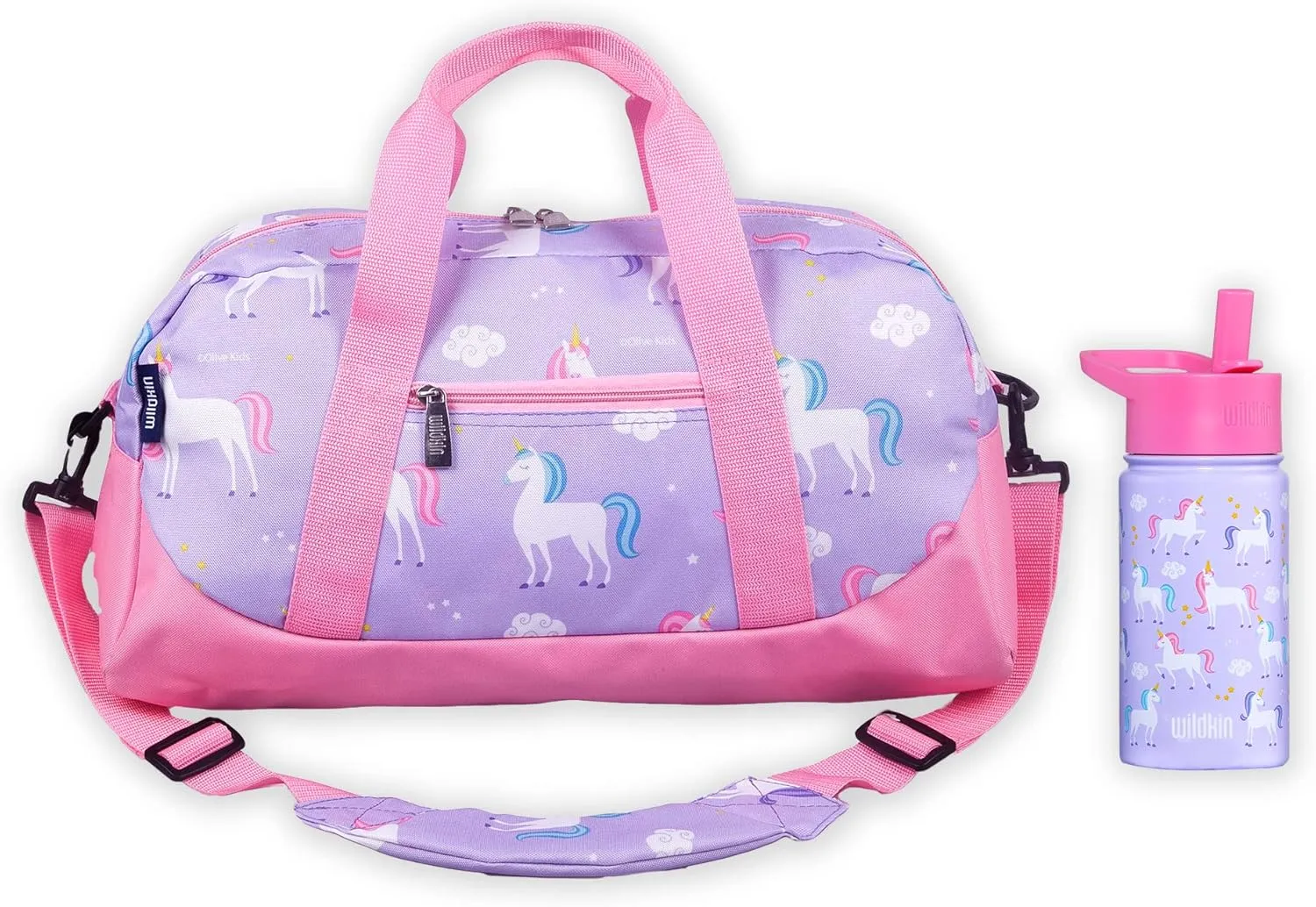 Wildkin Overnighter Duffel Bag Bundle with 14 Ounce Steel Reusable Water Bottle (Unicorn)