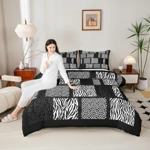 Wildlife Animal Fur Print Comforter Set,Black White Patchwork Texture Bedding Adults Bedroom Decor,Leopard Cheetah Zebra Skin Ultra Soft Inner Fill 3Pcs Bedding Set Queen Size,Modern Simple Style
