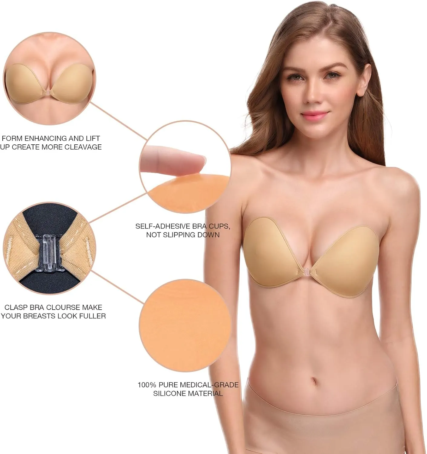Wingslove Adhesive Bra Reusable Strapless Self Silicone Push-up Invisible Sticky Bras for Backless Dress