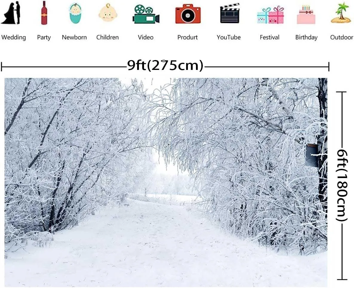 Winter Forest Landscape Backdrop for Christmas New Year Party Decorations, Snowscape Forest Path Photo Banner Snow Ice Tree Road Photography Background Decoration 9x6ft