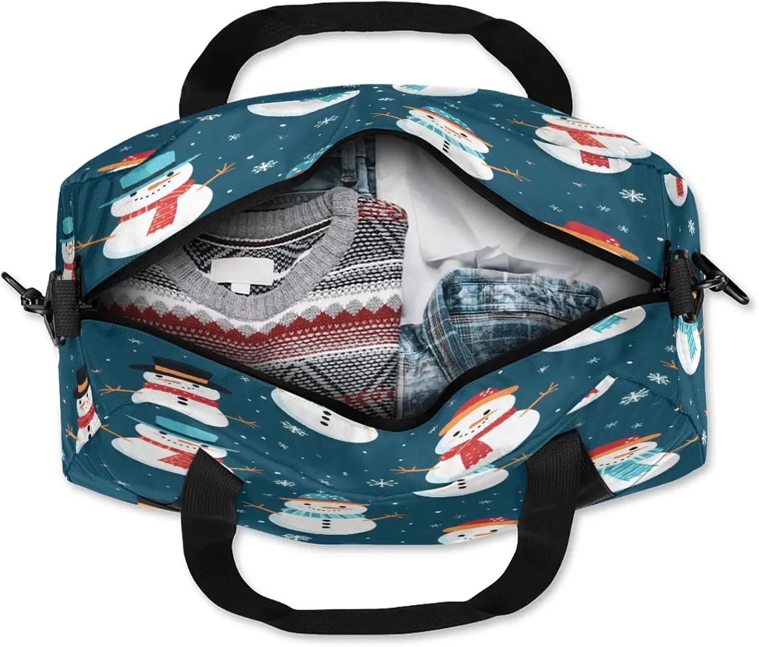 Winter Snowman Pattern Kids Duffel Bag Lightweight Waterproof Sports Gym Bag with Front Zipper Pocket Foldable Weekender Overnight Bag for School Practice Gymnastic Ballet