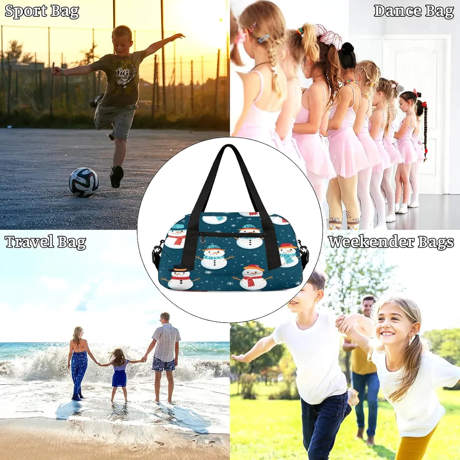 Winter Snowman Pattern Kids Duffel Bag Lightweight Waterproof Sports Gym Bag with Front Zipper Pocket Foldable Weekender Overnight Bag for School Practice Gymnastic Ballet