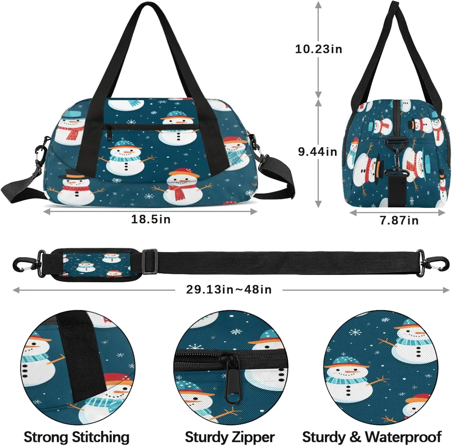 Winter Snowman Pattern Kids Duffel Bag Lightweight Waterproof Sports Gym Bag with Front Zipper Pocket Foldable Weekender Overnight Bag for School Practice Gymnastic Ballet