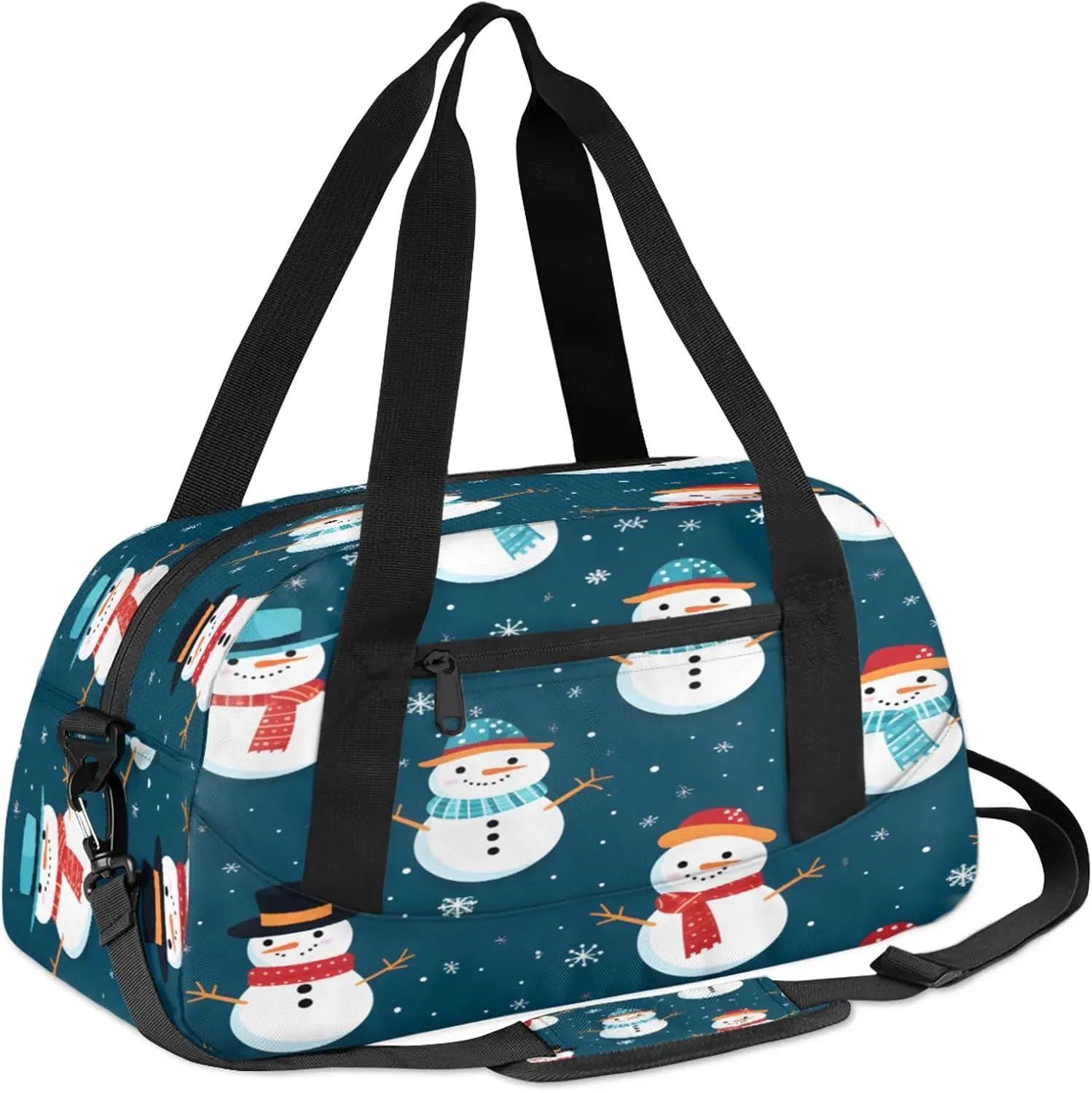 Winter Snowman Pattern Kids Duffel Bag Lightweight Waterproof Sports Gym Bag with Front Zipper Pocket Foldable Weekender Overnight Bag for School Practice Gymnastic Ballet