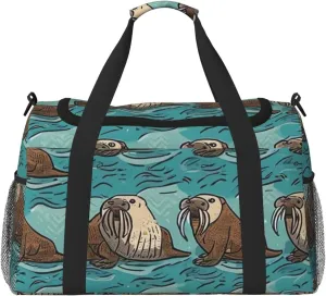 Wise Walrus Print Travel Duffel Bag for Men & Women, Foldable Travel Bags and Spacious Weekender Tote Bag for Storage Toiletry Luggage Personal Item