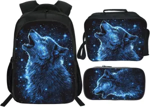 Wolf Backpack Kids Bookbag 16inch Schoolbag With Lunch Box Bag And Pencil Case Set For Boys Girls