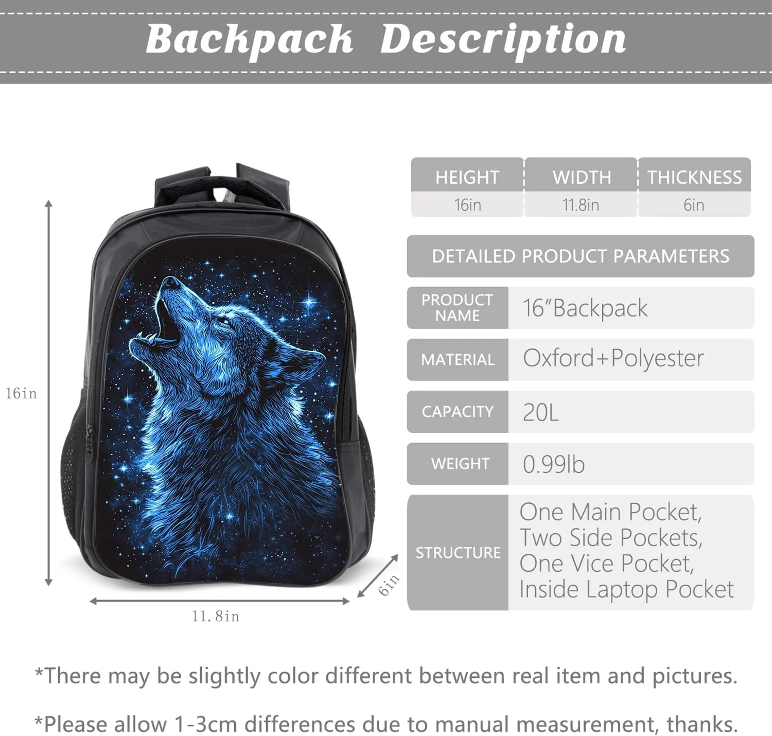 Wolf Backpack Kids Bookbag 16inch Schoolbag With Lunch Box Bag And Pencil Case Set For Boys Girls