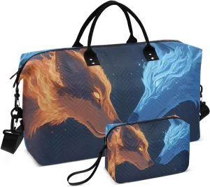 Wolf Flame Blue Travel Duffel Bag with Toiletry Bag Weekender Bag for Carry on Sports Gym Bag for Travel Gym Yoga