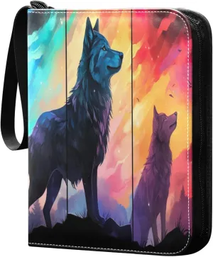 Wolves with Colorful Card Binder 4-Pocket, 400 Pockets PU Waterproof Zippered Collector Card Album with 50 Removable Sleeves for Trading, Game Cards