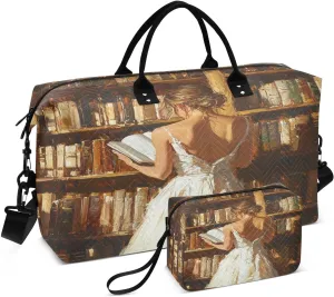 Woman Reads Book Sepia Sports Gym Bag for Women Men Travel Duffel Bag Weekend Overnight Carry on Bag with Toiletry Bag Workout Dance Bag for Plane Hospital Swimming Yoga Workout