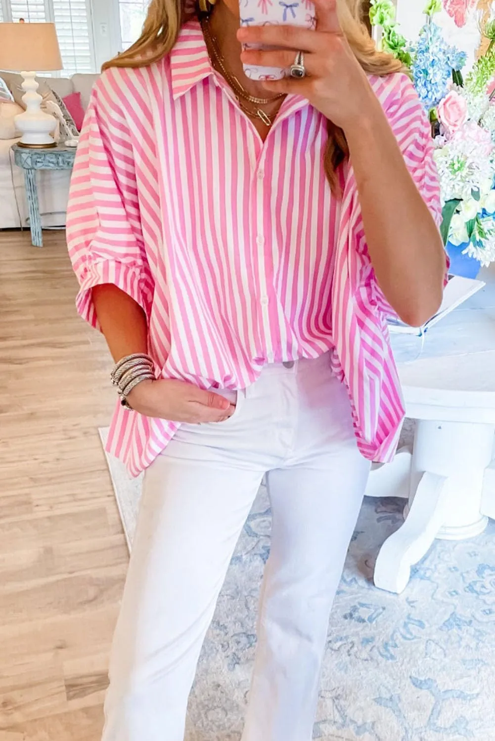 Women 2025 Summer Stripe Dolman Sleeve V Neck Oversize Shirt Tops Casual Button Up Short Sleeve Striped Blouse