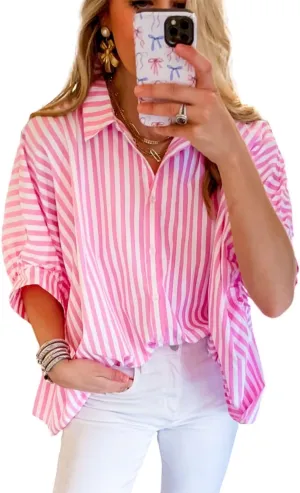 Women 2025 Summer Stripe Dolman Sleeve V Neck Oversize Shirt Tops Casual Button Up Short Sleeve Striped Blouse