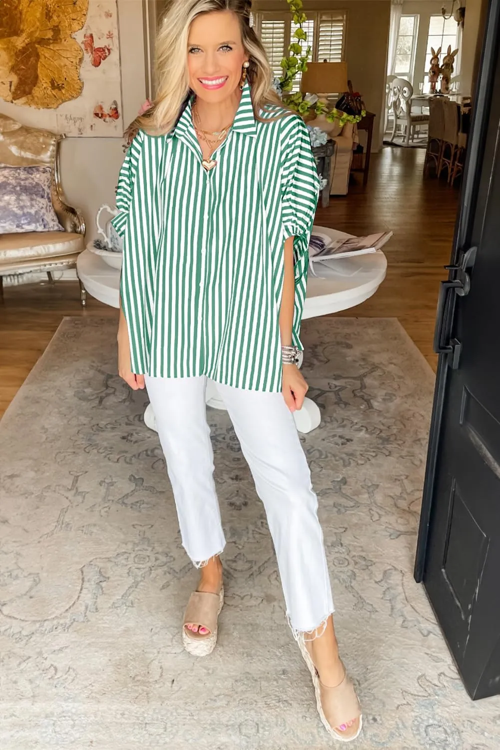 Women 2025 Summer Stripe Dolman Sleeve V Neck Oversize Shirt Tops Casual Button Up Short Sleeve Striped Blouse