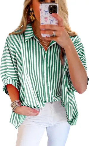Women 2025 Summer Stripe Dolman Sleeve V Neck Oversize Shirt Tops Casual Button Up Short Sleeve Striped Blouse