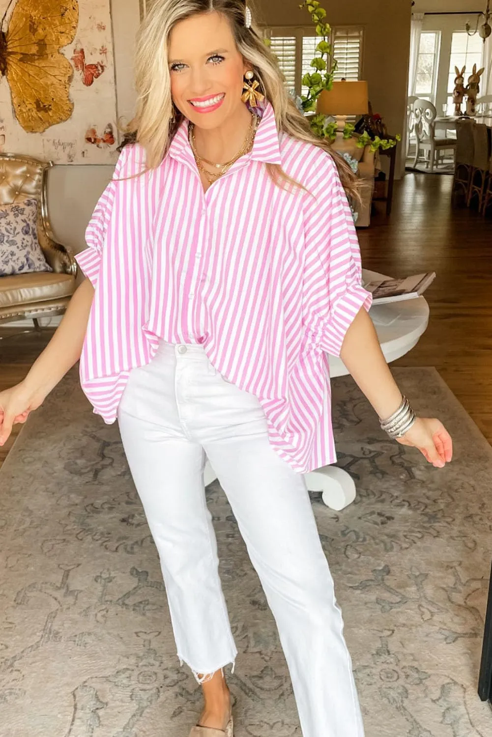 Women 2025 Summer Stripe Dolman Sleeve V Neck Oversize Shirt Tops Casual Button Up Short Sleeve Striped Blouse