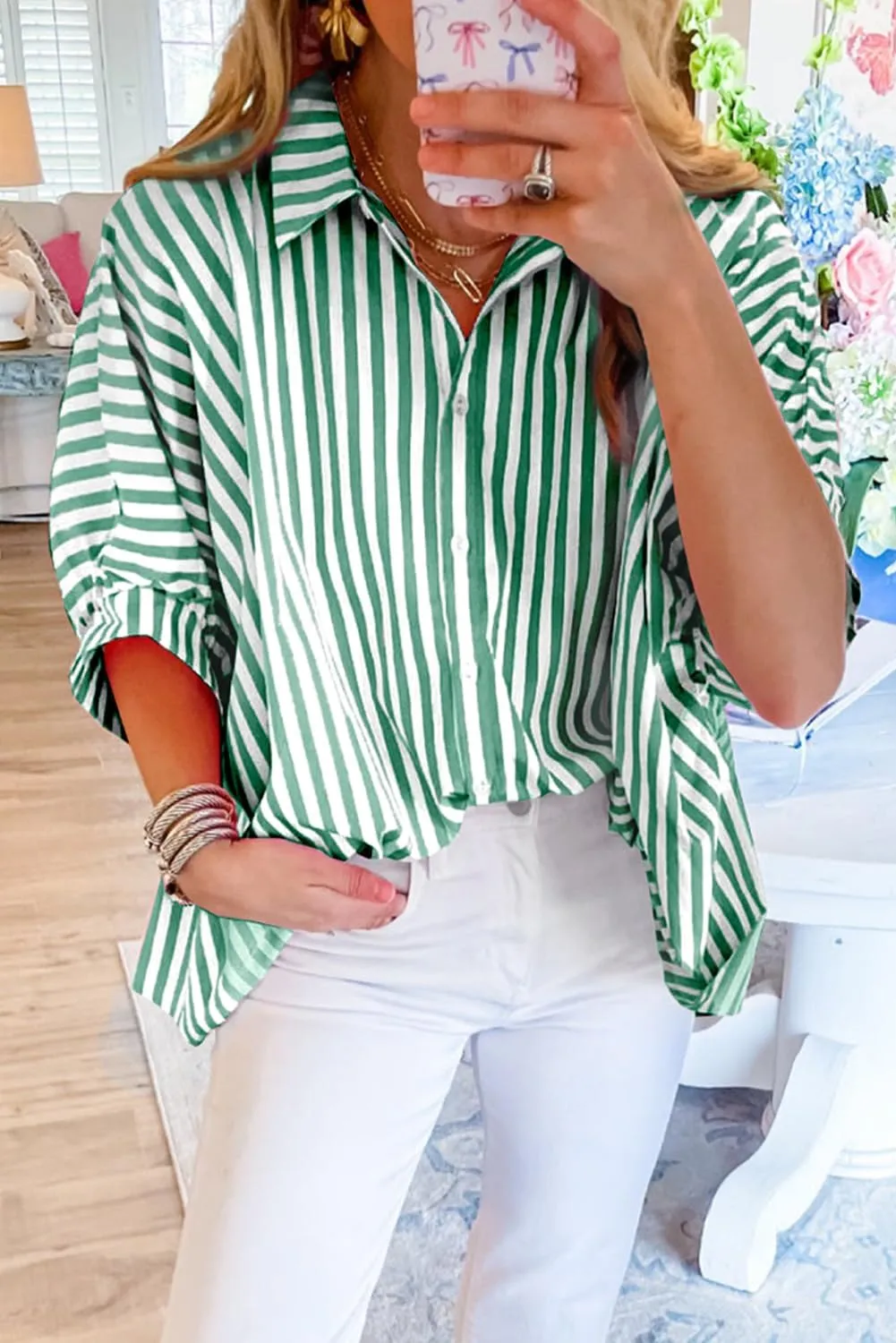 Women 2025 Summer Stripe Dolman Sleeve V Neck Oversize Shirt Tops Casual Button Up Short Sleeve Striped Blouse
