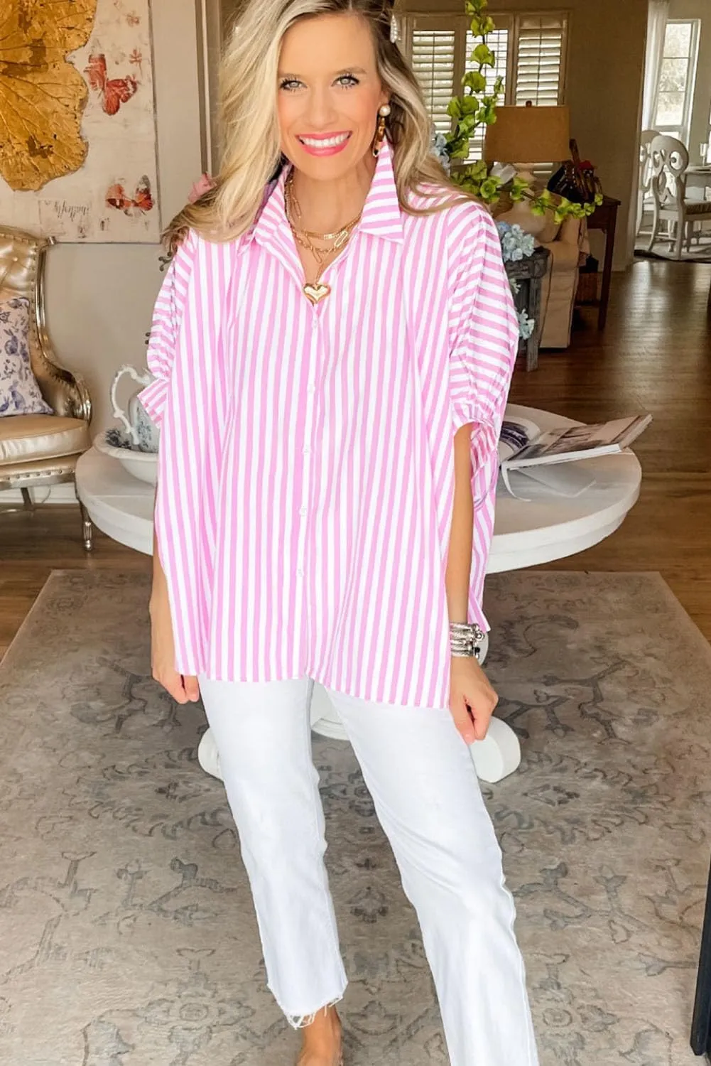 Women 2025 Summer Stripe Dolman Sleeve V Neck Oversize Shirt Tops Casual Button Up Short Sleeve Striped Blouse